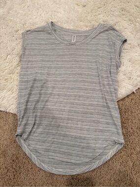 Athleta Light Gray and White Striped Cap-Sleeve Tee